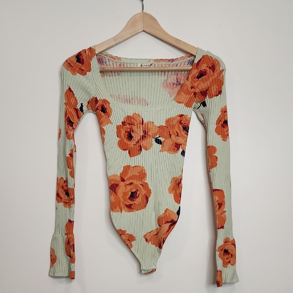 Free People Cream and Orange Ribbed Long Sleeve Bodysuit - Picture 1 of 4